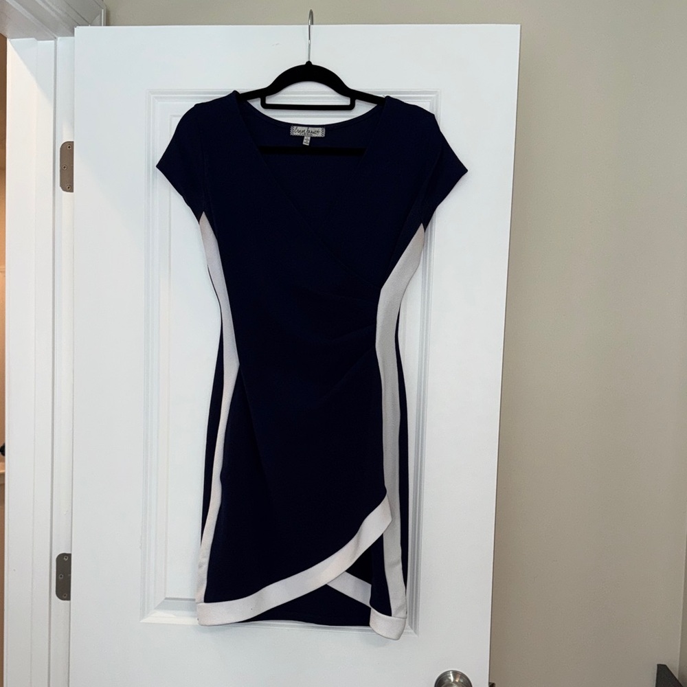 Calvin Klein Asymmetrical Navy and White Dress